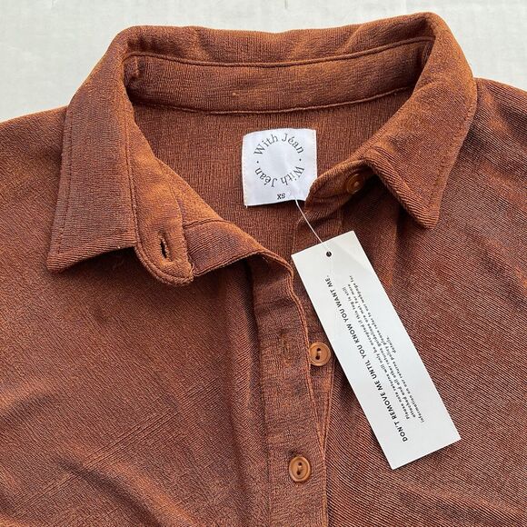 WITH JEAN KNIT ANDY MINI DRESS BUTTON FRONT LONG SLEEVE RUSCHING DETAIL BROWN XS - Picture 4 of 15